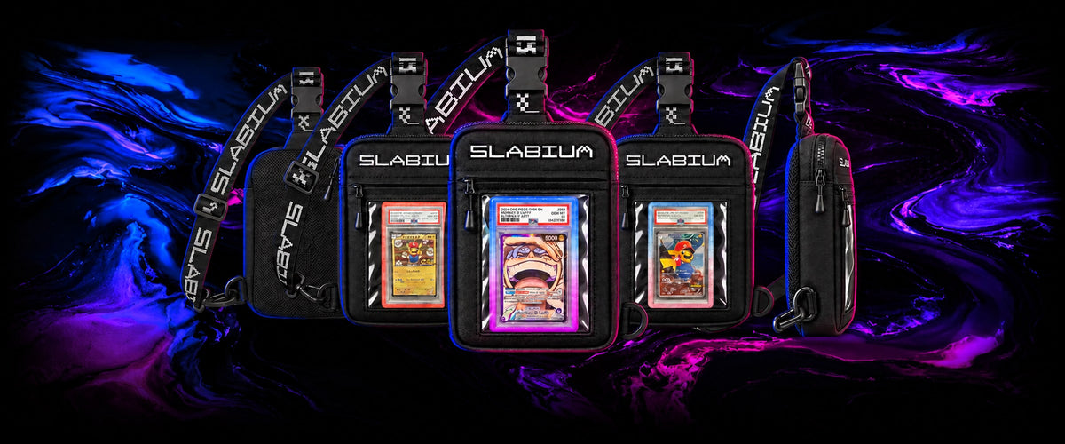 Five SLABIUM BAG crossbody bags with graded slabs in their display windows