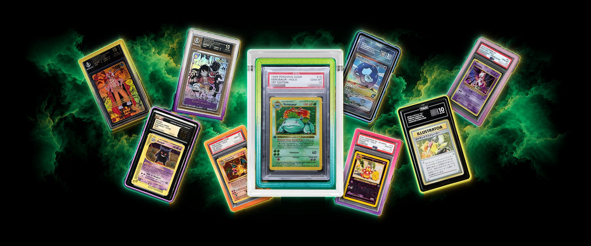 PSA, BGS, CGC and TAG graded slabs in Slabium guard bumpers, acrylic guards, metal cases and an acrylic box